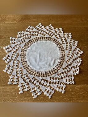 Vintage Large Handmade Linen and Crochet Doily